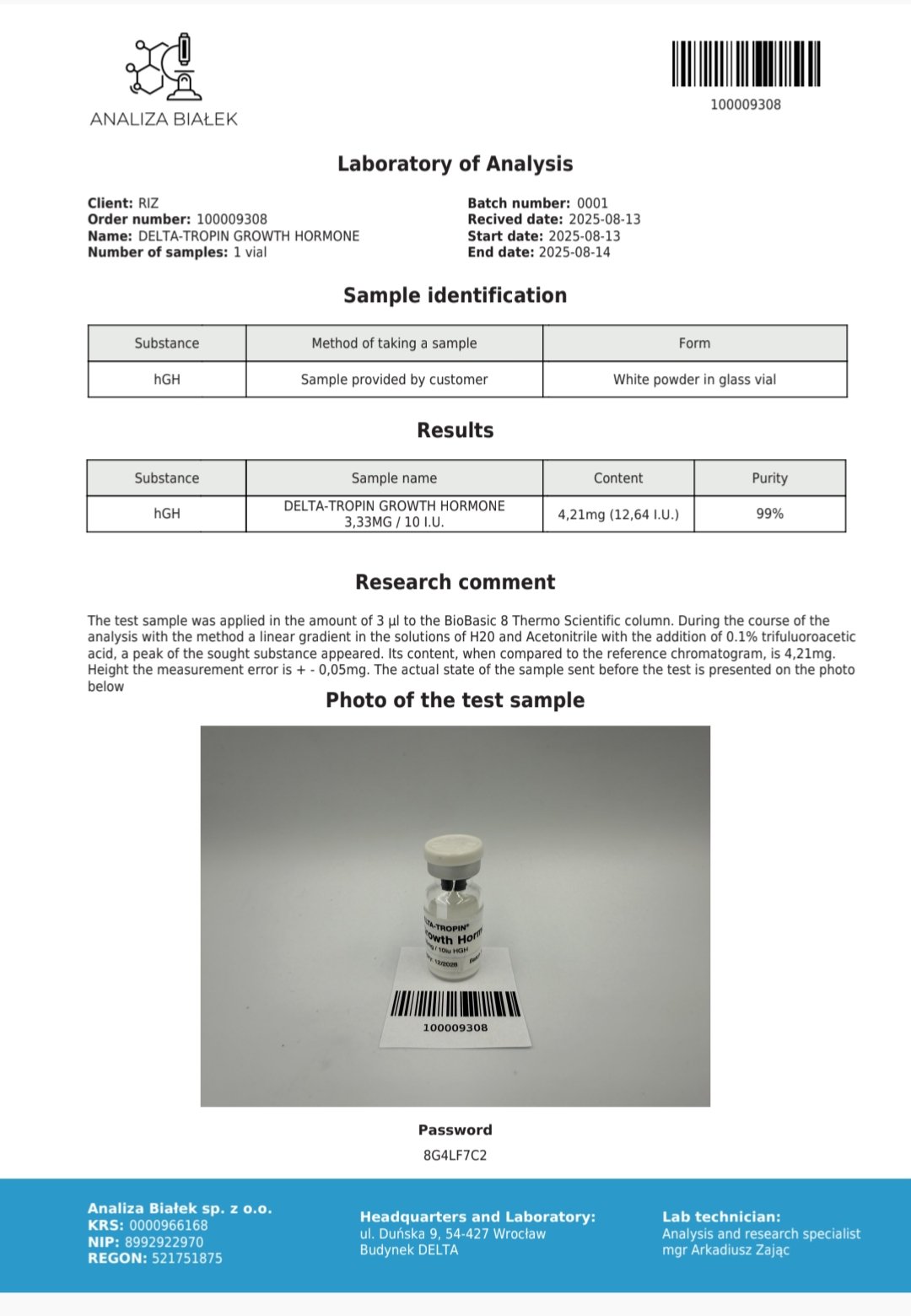 Deltatropin HGH - 100iu - Delta Pharma - Analiza Bialek Certified