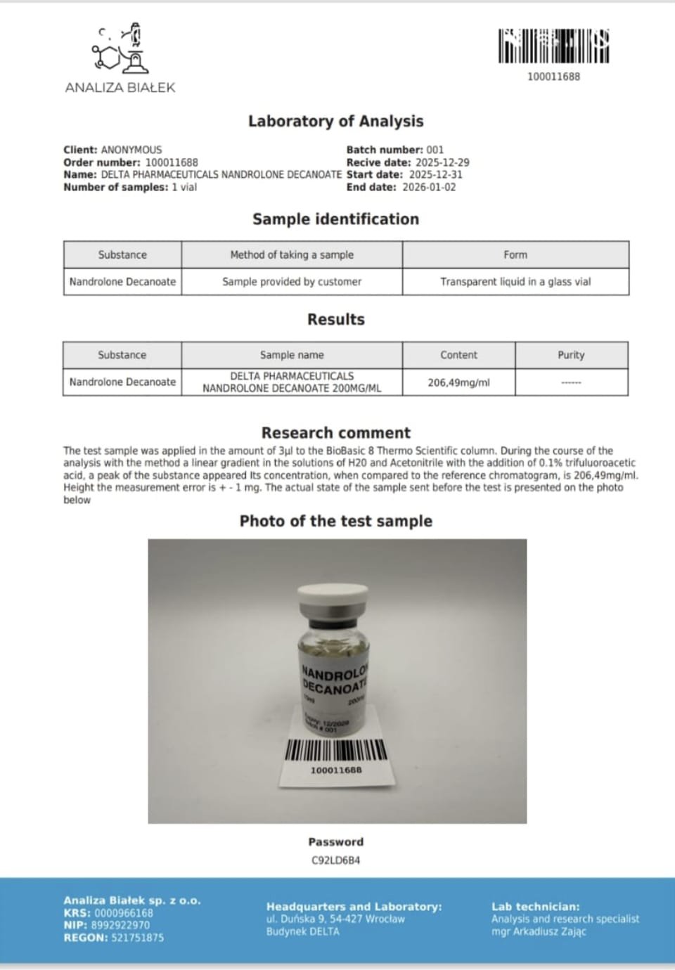 Deca 200mg/ml – 1 × 10ml Vial – Delta Pharma - Analiza Bialek Certified
