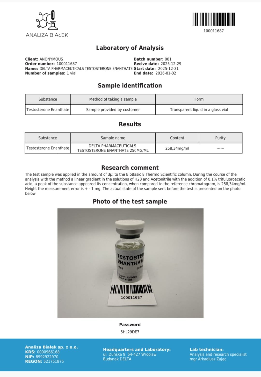 Test E 250mg/ml – 1 × 10ml Vial – Delta Pharma - Analiza Bialek Certified