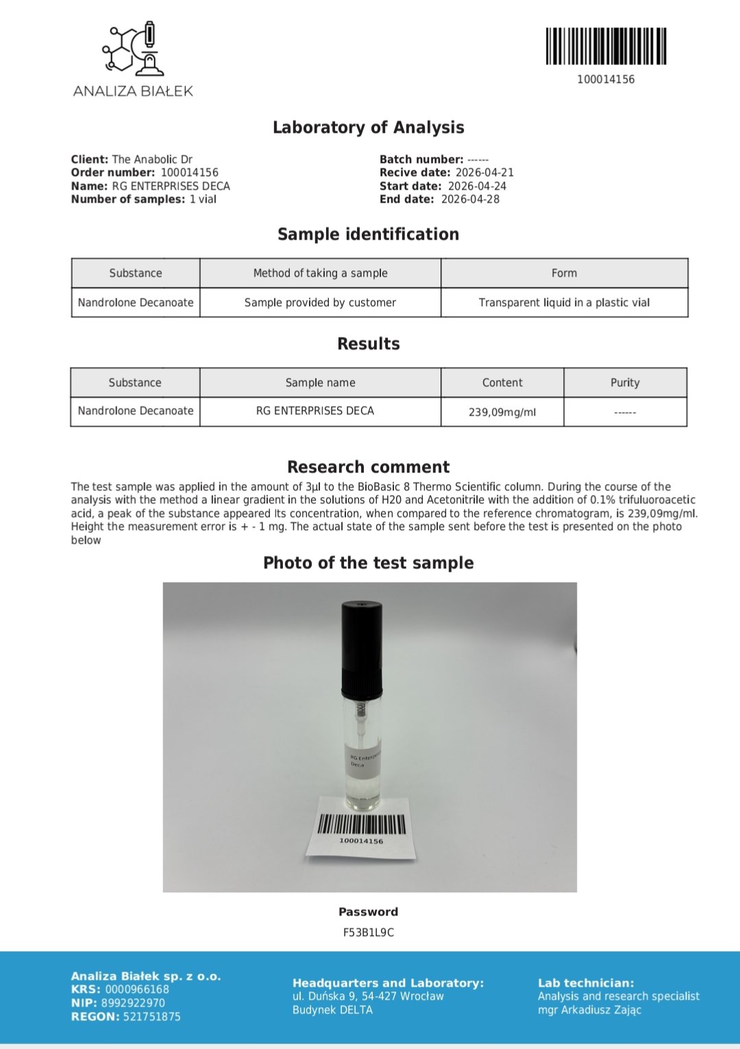 Deca 250mg/ml – 1 × 10ml Vial – RG Pharma - Analiza Bialek Certified