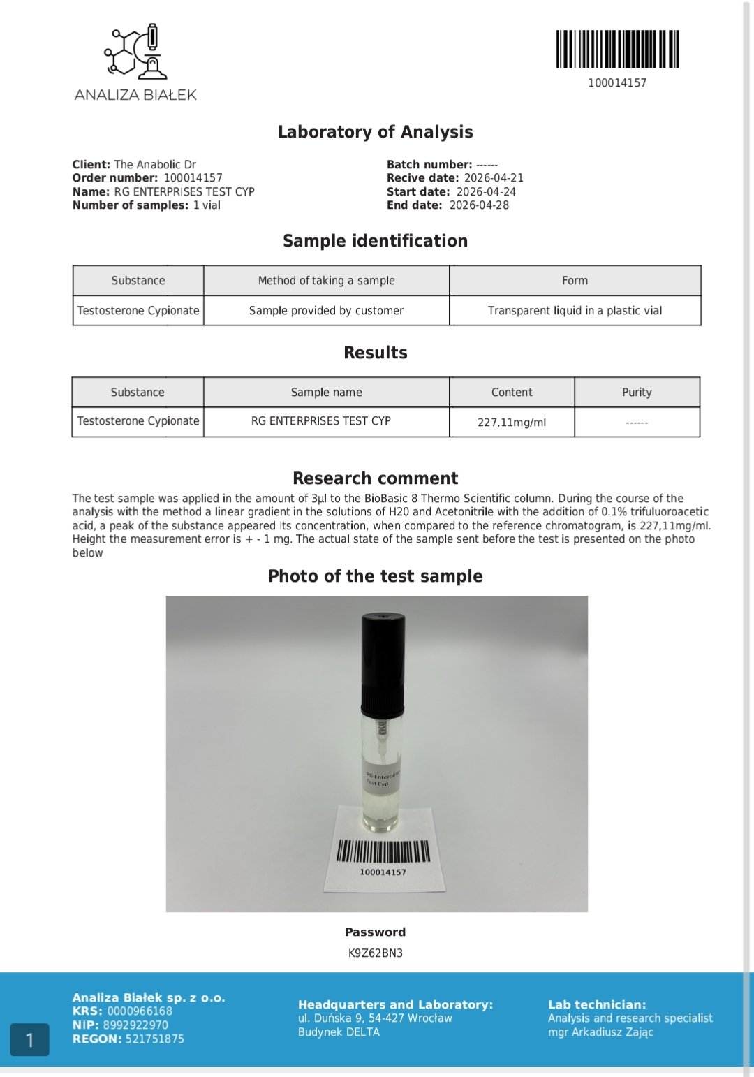 Test C 250mg/ml - 1 x 10ml vial - RG Pharma - Analiza Bialek Certified